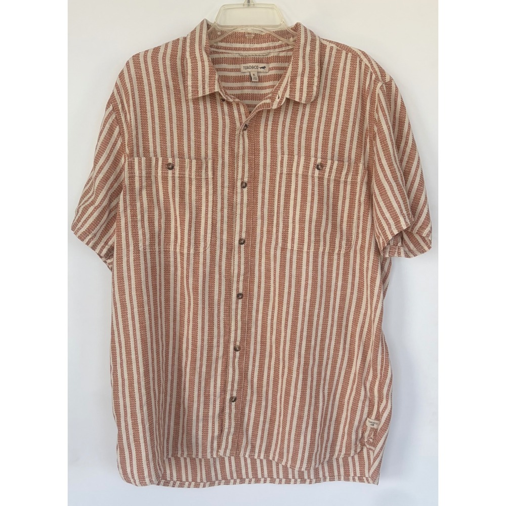 Toad&Co Mens XL Short Sleeve Button Down Shirt Red White Striped Cotton Blend
